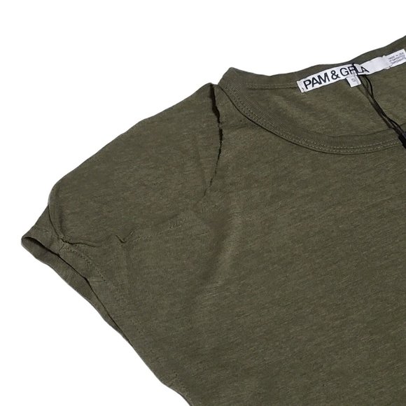 NWT Pam & Gela Cold Shoulder Tee Shirt Sz S Olive Green Crew Neck Short Sleeve - Picture 3 of 6